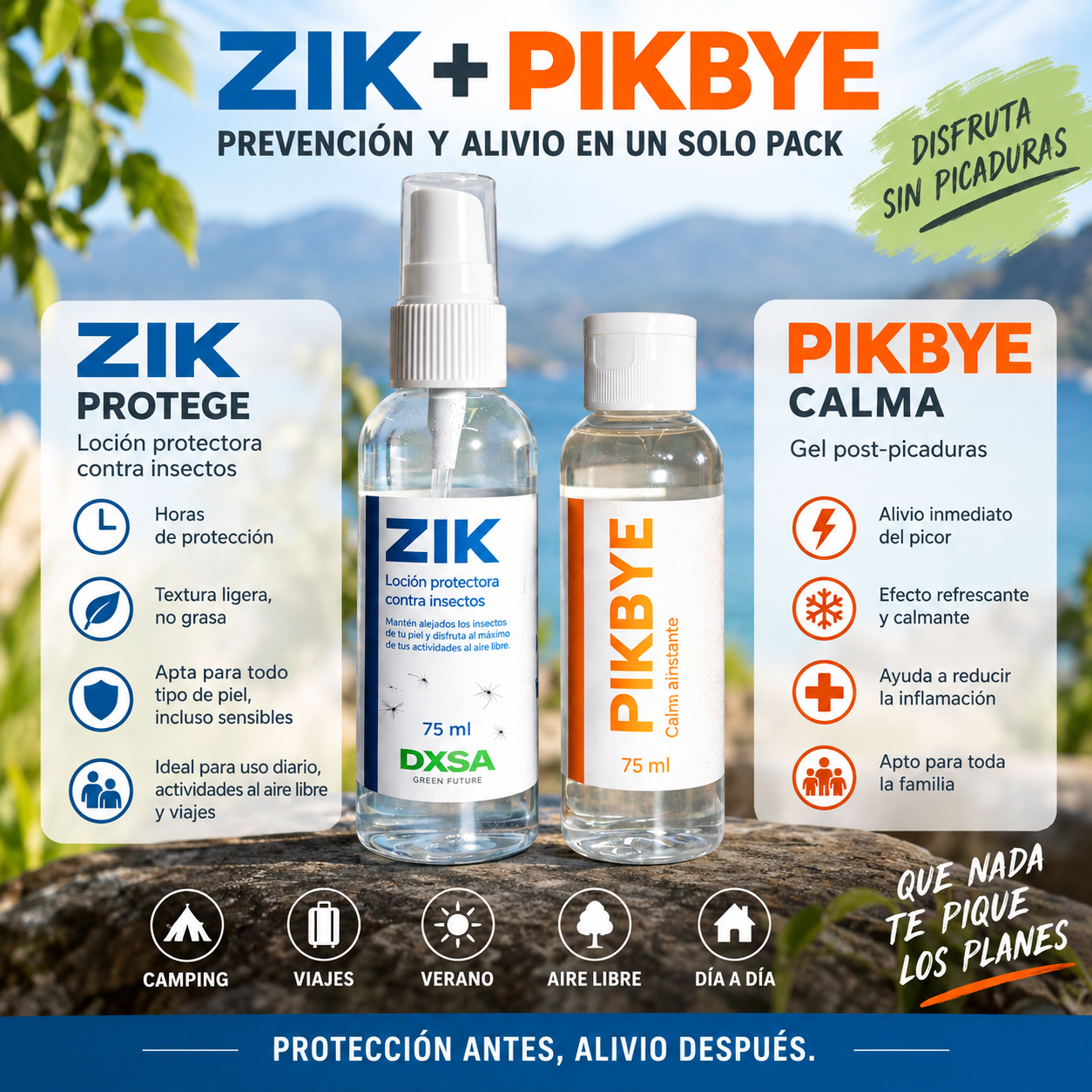 Pack ZIK y PIKBYE para protección y alivio de picaduras de insectos