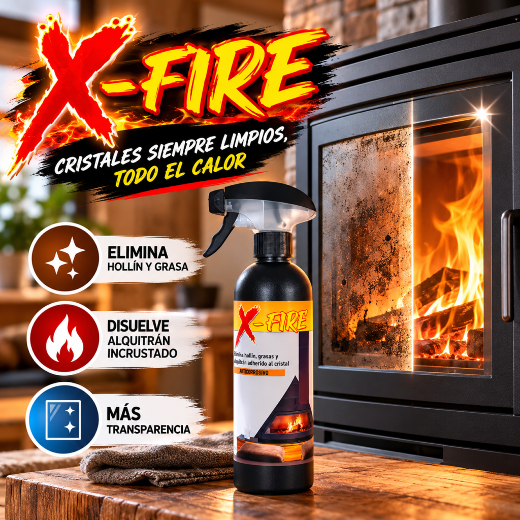 X-FIRE limpiador para cristales de chimeneas y estufas con hollín incrustado